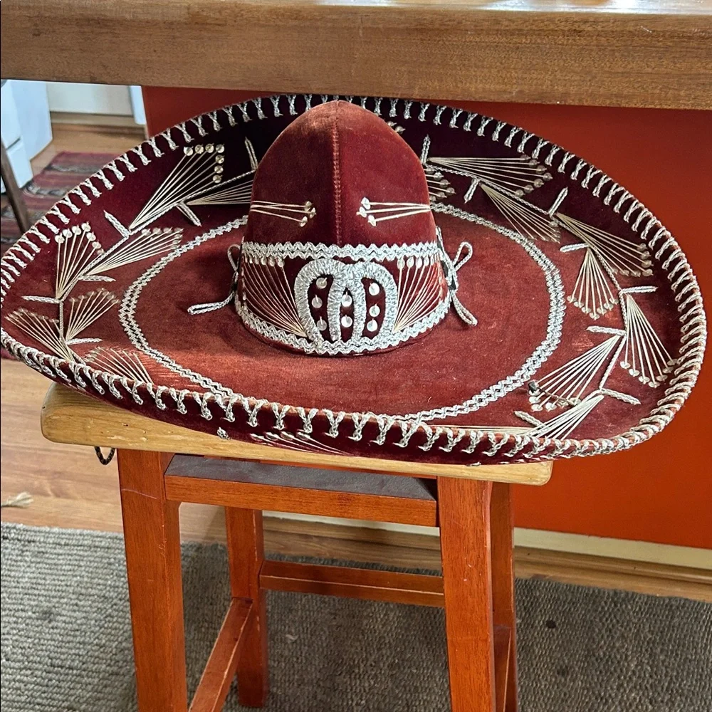 VTG Velvet Burgundy Mariachi Sombrero Hat Silver Sequins Lucky Horseshoe